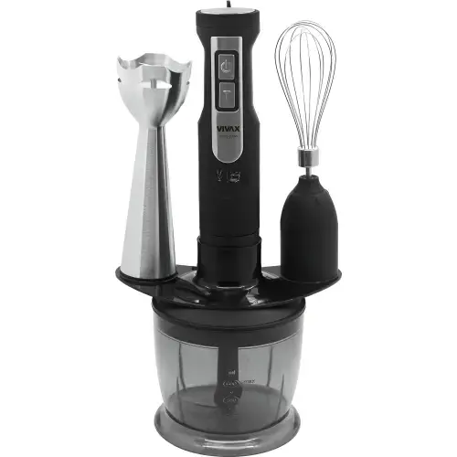 Set blender 3 in 1 Vivax HBS-500X, 500W, 0.6l, 2 viteze, Turbo, lama otel inoxidabil, maner detasabil, tel, suport accesorii (Negru/Argintiu)