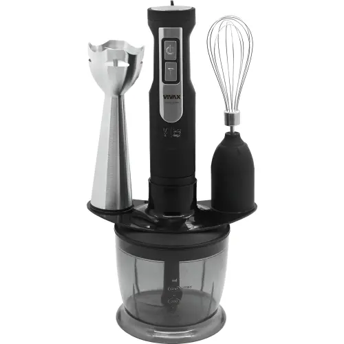 Set blender 3 in 1 Vivax HBS-500X, 500W, 0.6l, 2 viteze, Turbo, lama otel inoxidabil, maner detasabil, tel, suport accesorii (Negru/Argintiu)