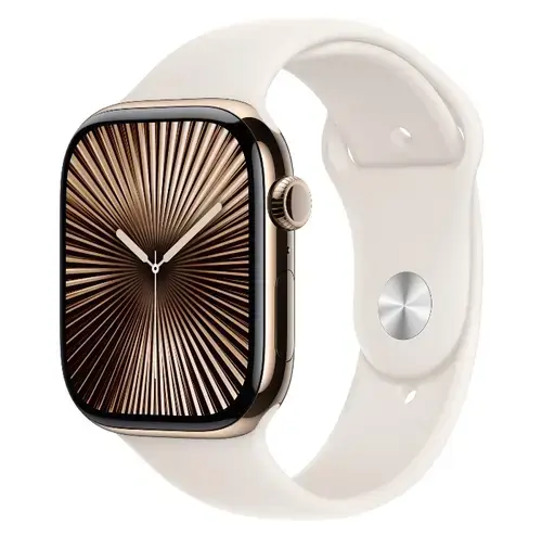 Smartwatch Apple Watch 10 GPS Cellular, Carcasa Gold Titanium  46mm, ecran LTPO OLED, 64GB, curea silicon Starlight Sport Band - M/L (Auriu)