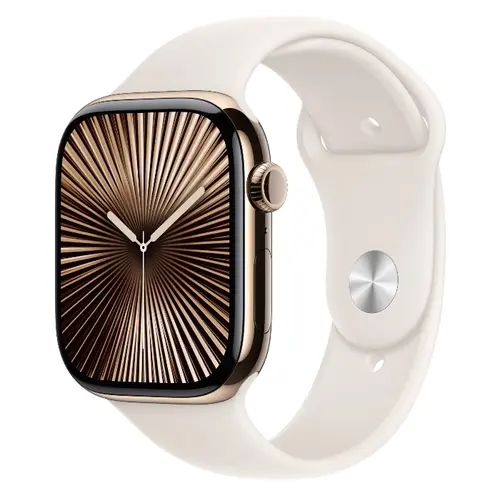 Smartwatch Apple Watch 10 GPS Cellular, Carcasa Gold Titanium  46mm, ecran LTPO OLED, 64GB, curea silicon Starlight Sport Band - M/L (Auriu)