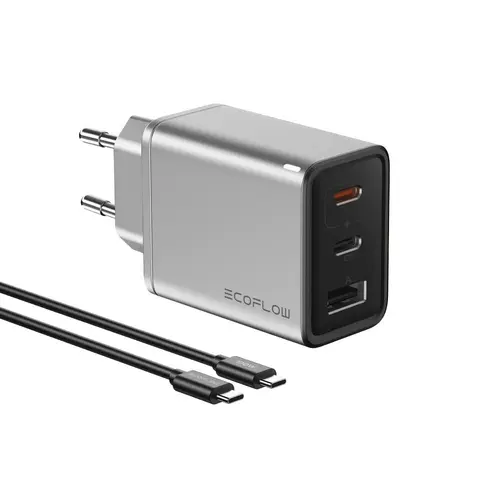 Incarcator retea EcoFlow 65W GaN, Fast Charger, 2x USB-C 1x USB-A (cablu 100W inclus), Gri