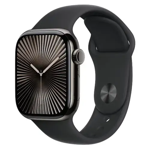 Smartwatch Apple Watch 10 GPS Cellular, Carcasa Slate Titanium  46mm, ecran LTPO OLED, 64GB, curea silicon Black Sport Band - M/L (Negru)