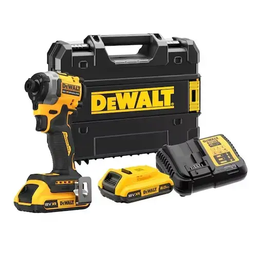Masina de insurubat cu impact DeWALT 206Nm, Hex 1/4inch, cu 2 acumulatori 18V, 2.0Ah, incarcator, valiza (Negru/Galben)