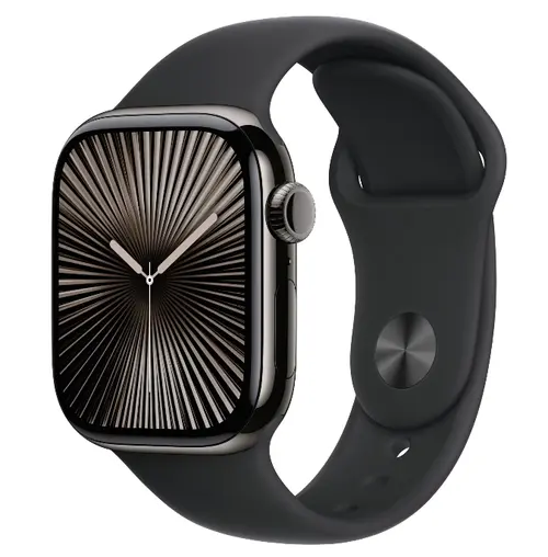 Smartwatch Apple Watch 10 GPS Cellular, Carcasa Slate Titanium  42mm, ecran LTPO OLED, 64GB, curea silicon Black Sport Band - M/L (Negru)