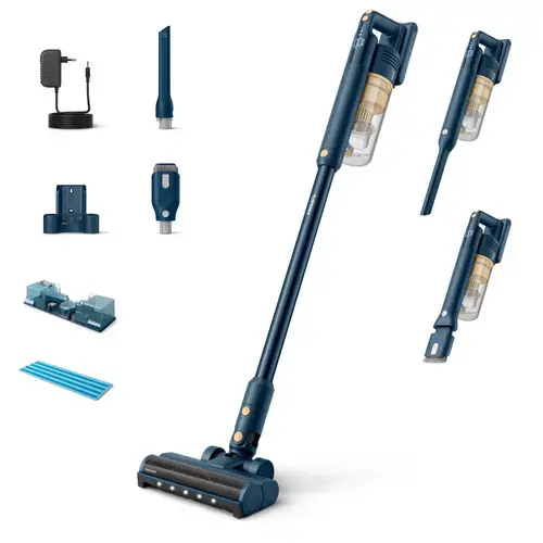 Aspirator vertical Philips XC5043/01 Seria 5000, 25.2 V, Modul Aqua, Autonomie 60 min, Motor digital, Filtrare in 3 etape (Albastru/Galben)