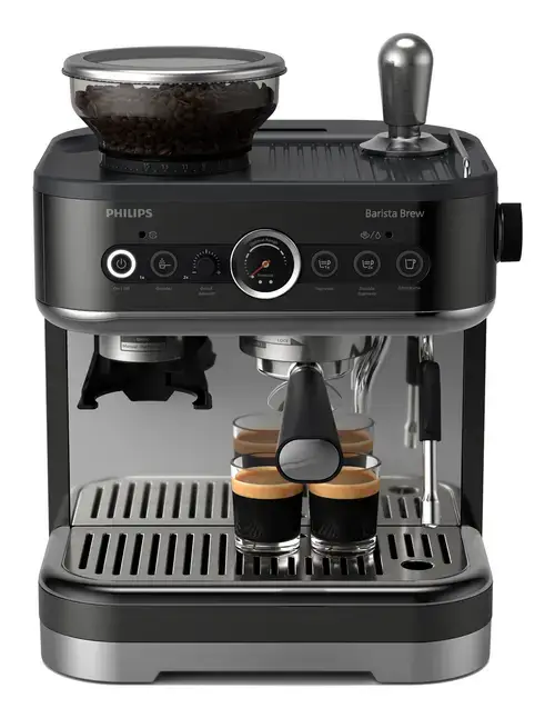 Espressor semi-automat Philips Barista Brew PSA3218/10, 1350 W, 4 buc portfiltre din otel,  Rasnita incorporata, 15 setari de macinare, Carafa din otel (Argintiu/Negru)