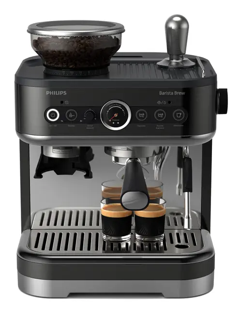 Espressor semi-automat Philips Barista Brew PSA3218/10, 1350 W, 4 buc portfiltre din otel,  Rasnita incorporata, 15 setari de macinare, Carafa din otel (Argintiu/Negru)