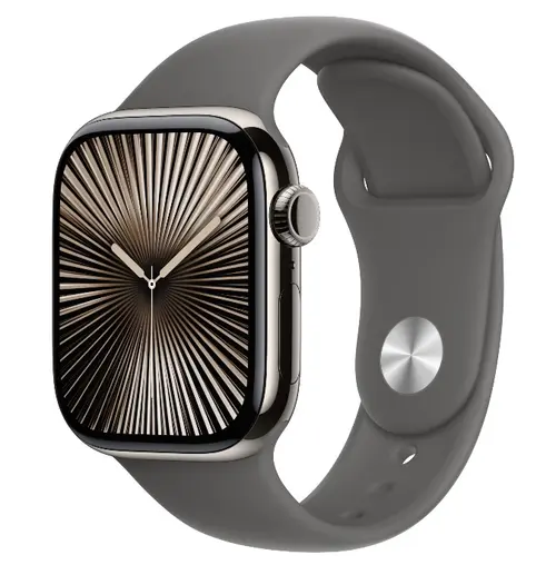 Smartwatch Apple Watch 10 GPS Cellular, Carcasa Natural Titanium  42mm, ecran LTPO OLED, 64GB, curea silicon Stone Grey Sport Band - M/L (Gri)
