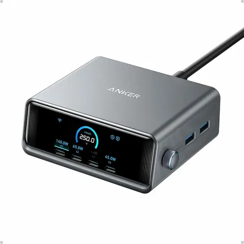 Incarcator si statie incarcare Anker Prime 250W, Ultra-Fast 6-Port, 2x USB-A, 4x USB-C, GaN, Ecran LCD (Negru)