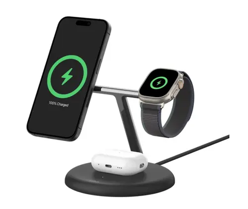 Incarcator Wireless Belkin BOOST CHARGE 3-in-1 Magnetic, Stand, Qi2 15W (Negru)