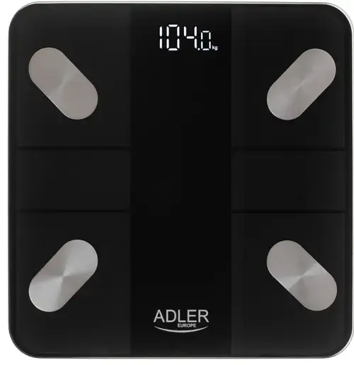 Cantar electronic inteligent de baie Adler AD 8186, Bluetooth, Tuya, display LED, 180 kg, platforma de sticla 6 mm, apa/grasime/masa musculara/masa osoasa, Auto ON/OFF (Negru)