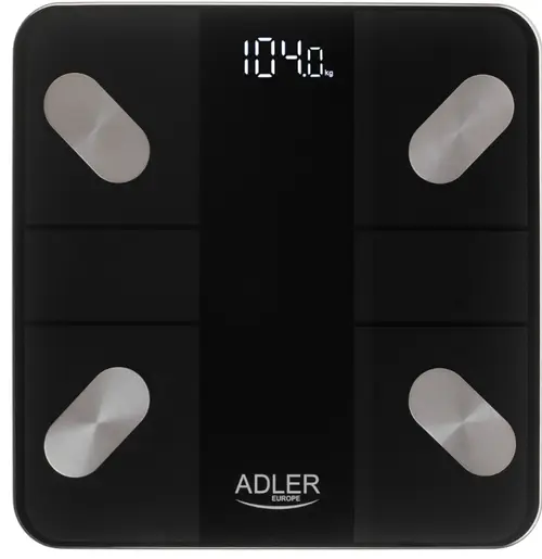 Cantar electronic inteligent de baie Adler AD 8186, Bluetooth, Tuya, display LED, 180 kg, platforma de sticla 6 mm, apa/grasime/masa musculara/masa osoasa, Auto ON/OFF (Negru)