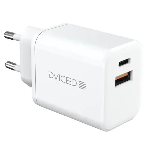 Incarcator retea Dviced DV221008, 35W, GaN, 1 USB-A, 1 USB-C, Cablu USB-C 1.25m (Alb)