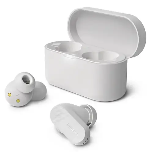 Casti True Wireless Philips TAT3509WT/00, Bluetooth 5.3, ANC Pro Hibrid, Rezistenta la apa IPX4, Controlul volumului, Compatibil Siri/Google (Alb)