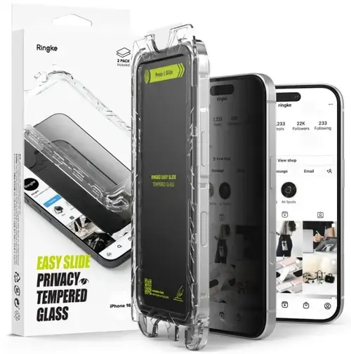 Folie de protectie Ecran Privacy Ringke Easy Slide pentru Apple iPhone 16 / 15, Sticla Securizata, Full Glue, Set 2 bucati