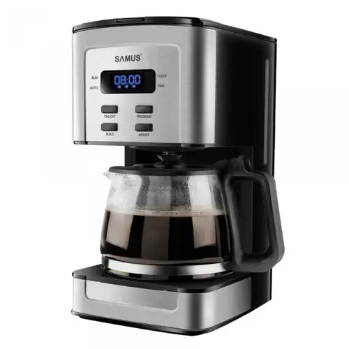Cafetiera cu timer Samus TEMPORA, 800 W, Rezervor 1.3 l, 8-10 cesti, Timer, Filtru permanent, Cana din sticla termorezistenta (Negru/Inox)