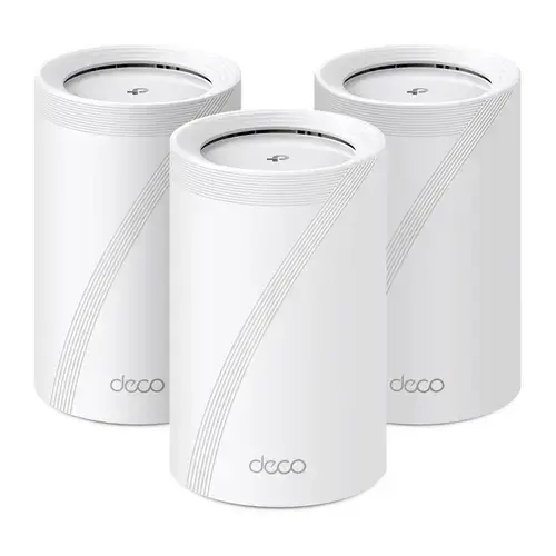 Sistem Wi-Fi Mesh TP-Link Deco BE65(3-pack), BE9300, Tri-Band, Wi-Fi 7, 4 porturi 2.5Gbps, MLO, HomeShield, cu acoperire pentru intreaga casa