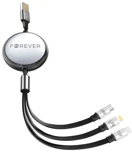 Cablu Incarcare USB-A - Lightning / 2 x USB-C Forever 3in1, 100W, 1.2m, Negru/Argintiu
