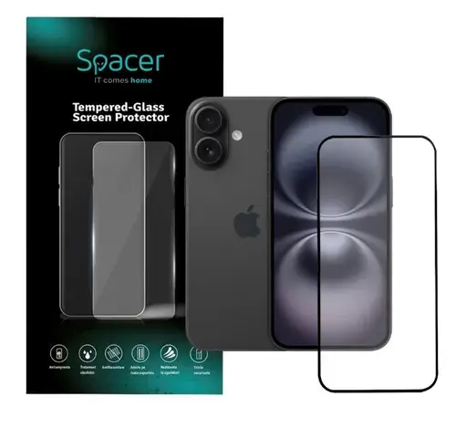 Flie sticla Spacer pentru Iphone 16, grosime 0.3mm, acoperire totala ecran, Transparent/Negru