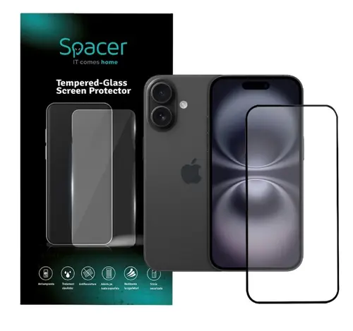 Flie sticla Spacer pentru Iphone 16, grosime 0.3mm, acoperire totala ecran, Transparent/Negru