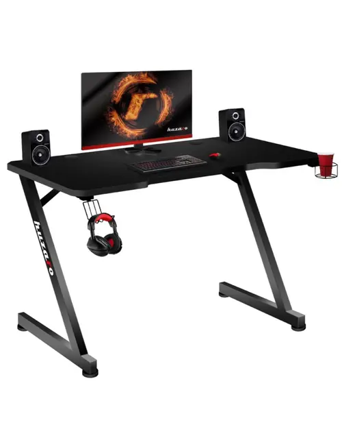 Birou gaming Huzaro Hero 2.5, Suport casti si pahar, Picioare ajustabile (Negru)