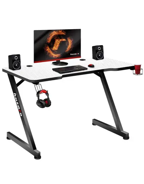 Birou gaming Huzaro Hero 2.5, Suport casti si pahar, Picioare ajustabile (Alb)