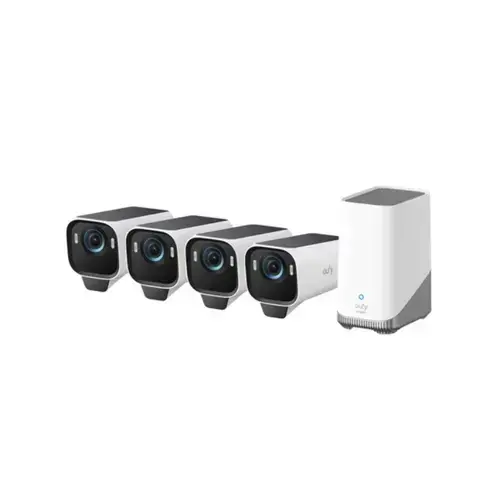 Sistem supraveghere video Wireless Eufy S3 Pro T88943W1, 4K, BionicMind™, MaxColor Vision, Panou Solar integrat, Homebase 3 + 4 camere video (Alb/Gri)