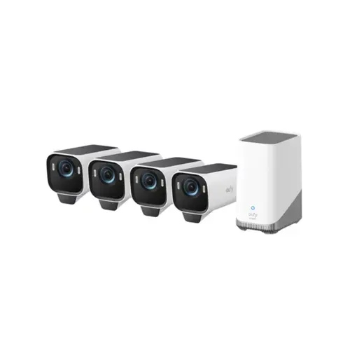 Sistem supraveghere video Wireless Eufy S3 Pro T88943W1, 4K, BionicMind™, MaxColor Vision, Panou Solar integrat, Homebase 3 + 4 camere video (Alb/Gri)