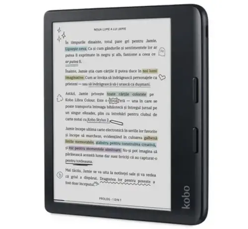eBook Reader Kobo Libra Colour, Ecran E-Ink Kaleido 7inch, Procesor Dual-Core 2.0GHz, 32GB Flash, USB Type-C, ComfortLight PRO, Wi-Fi, IPX8 + Kobo Stylus 2 (Negru)