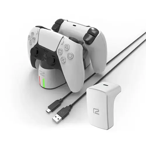 Statie de incarcare ready2gaming PS5 Ultimate Charging Set, 2000 mAh, 4 lumini LED, USB-A la USB Type-C (Alb)