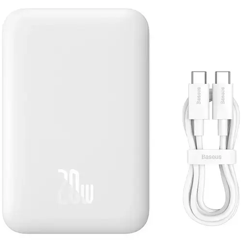 Baterie Externa Wireless Baseus Magnetic Mini, 6000mAh, 20W, PD + FQI, 1 x QI - 1 x USB-C (Alb)