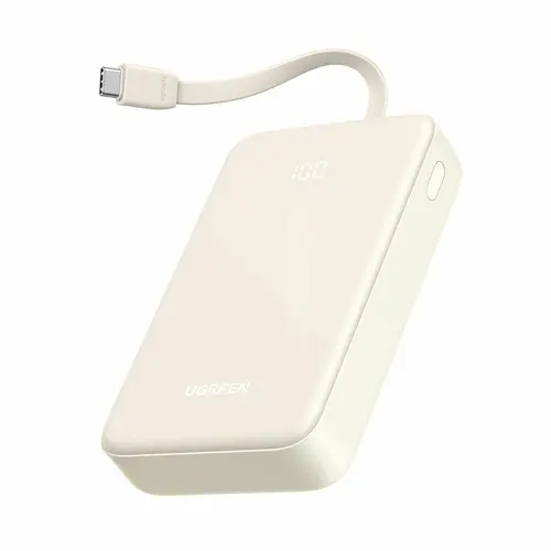 Acumulator extern Ugreen 20.000 mAh, 22.5W, USB-C, USB-A, cablu USB-C incorporat (Bej)