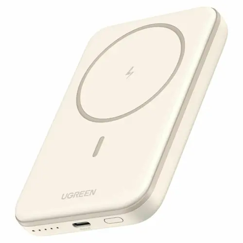 Acumulator extern Ugreen Magnetic 5.000 mAh, Wireless, PD 15W, Qi 7.5W, USB-C, compatibila MagSafe (Bej)