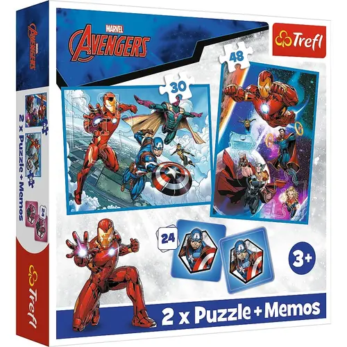 Set 2 puzzle-uri + joc memorie Trefl Marvel Avengers Eroii in actiune, 30/48 piese