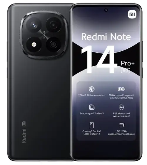Telefon Mobil Xiaomi Redmi Note 14 Pro+, Procesor Qualcomm SM7635 Snapdragon 7s Gen 3 Octa-Core, AMOLED 6.67inch, 8GB RAM, 256GB Flash, Camera Tripla 200+8+2 MP, Wi-Fi, 5G, Dual Sim, Android (Negru)