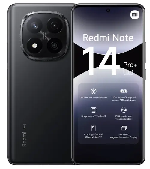 Telefon Mobil Xiaomi Redmi Note 14 Pro+, Procesor Qualcomm SM7635 Snapdragon 7s Gen 3 Octa-Core, AMOLED 6.67inch, 8GB RAM, 256GB Flash, Camera Tripla 200+8+2 MP, Wi-Fi, 5G, Dual Sim, Android (Negru)
