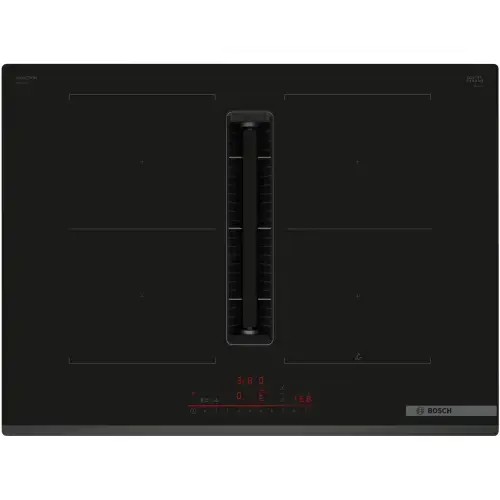 Plita incorporabila Bosch PVQ731H26E, Inductie, 4 zone de gatit, Multitouch+, CombiInduction, Hota integrata, Putere absorbtie 500mc/h, Home Connect, PerfectFry Plus , 70 cm (Negru)