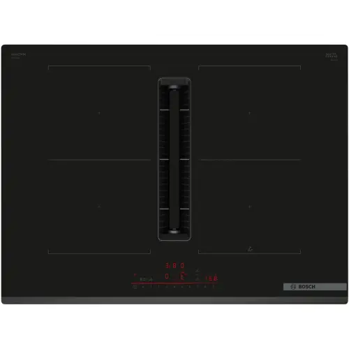 Plita incorporabila Bosch PVQ731H26E, Inductie, 4 zone de gatit, Multitouch+, CombiInduction, Hota integrata, Putere absorbtie 500mc/h, Home Connect, PerfectFry Plus , 70 cm (Negru)