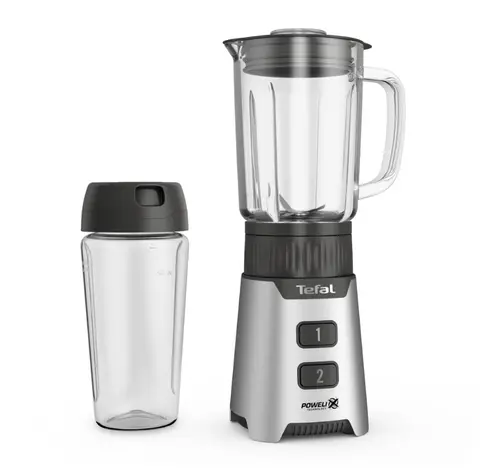 Blender Tefal Minimix BL16GE30, 400W, 2 trepte de viteza, recipient din sticla termorezistent 0.7 L, recipient portabil 0.6 L, lame detasabile Powelix (Argintiu)