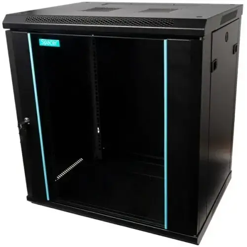 CABINET 19″ SPACER 12U 600x450mm, fixare pe perete, Flatpack (dezasamblat), Black, usa sticla (Negru)