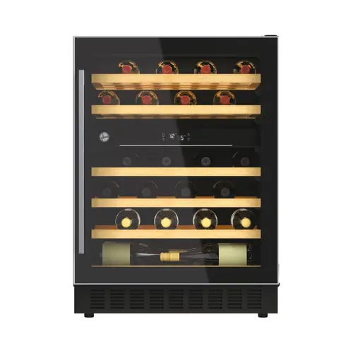Vitrina de vinuri incorporabila Hoover HWCB 60/N, 145 l, Capacitate 46 sticle, Clasa G, 2 zone de racire, Iluminare LED, 60 cm (Negru)
