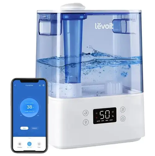 Umidificator de aer Levoit Classic 300S, Rezervor 6L, Super Silentios, Aplicatie Smart, Senzor Umiditate, Functie AUTO, Aromaterapie, Autonomie 60 ore (Alb/Albastru)