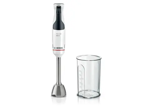 Mixer vertical Bosch ErgoMaster MSM4W410, 800 W, cutit 4 lame si functie antisplash, cuplaj ceramic, picior mixare inoxidabil, pahar de masurare (Alb/Antracit)