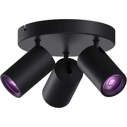 Plafoniera LED RGB inteligenta Calex, rotunda, cu 3 spoturi, Wi-Fi, Bluetooth, 4.9W, 345 lm, dimabila, lumina alba si colorata (2200-4000K), 21cm, Negru Mat, Clasa energetica G