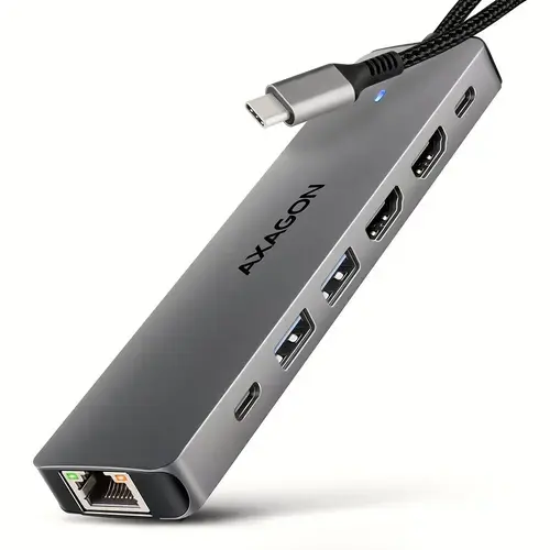 Hub USB-C 7in1 Axagon HMC-7HX2, 2 x USB-A, 2 x HDMI, RJ-45, USB Type-C, PD 100W (Argintiu)