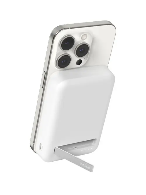 Acumulator extern Belkin BPD008btWH BoostCharge Pro, Qi2, 10000 mAh, MagSafe, cu stand (Alb)