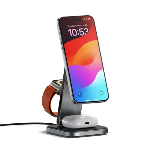 Incarcator Wireless Pliabil Satechi 3-in-1 ST-Q31FM-EA, 15 W, Qi 2, Cablu USB-C 1m, Adaptor alimentare 45 W (Gri)