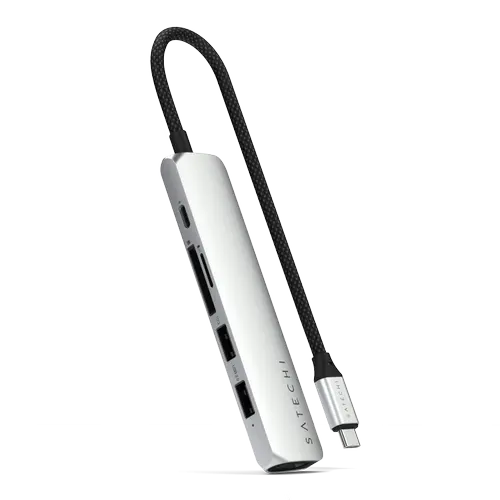 HUB USB Satechi Slim 6-in-1 ST-P6SS, USB-C PD 100 W, HDMI 4K, USB-A 3.2, USB-A 2.0, USB Type-C, Gigabit Ethernet (Argintiu)