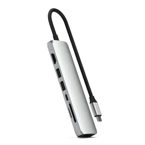 HUB USB Multiport Slim Satechi ST-P7SS 7-in-1, USB-C PD 100 W, 2 x USB 3.2, USB Type-C, Card Reader, HDMI 4K, RJ-45 Ethernet Gigabit (Argintiu)