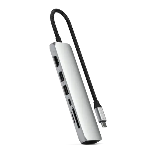 HUB USB Multiport Slim Satechi ST-P7SS 7-in-1, USB-C PD 100 W, 2 x USB 3.2, USB Type-C, Card Reader, HDMI 4K, RJ-45 Ethernet Gigabit (Argintiu)